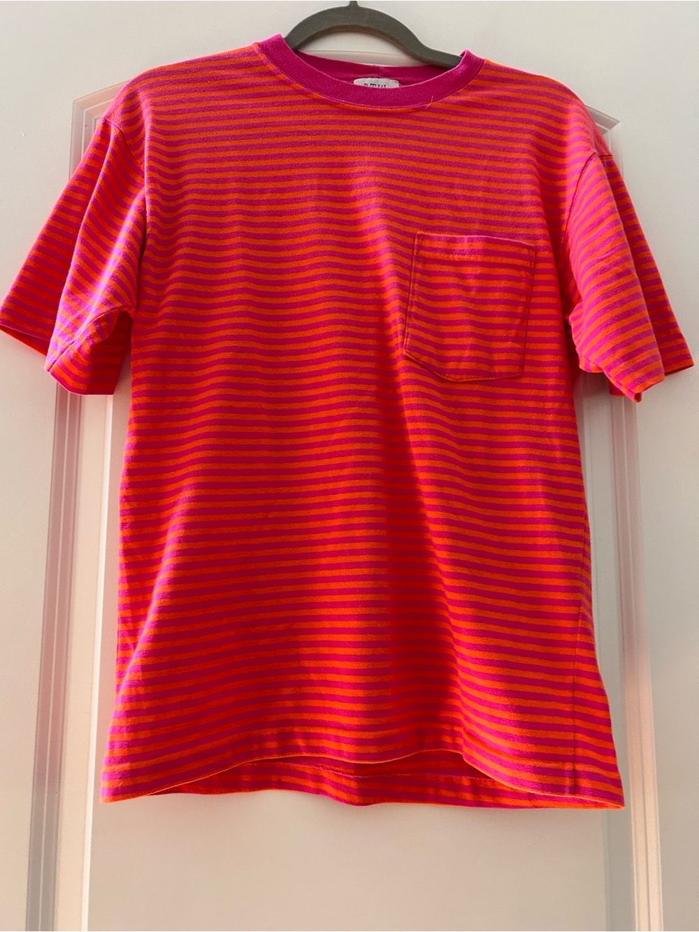 VTG Made in USA Single Stitch One Pocket Orange and Pink Striped Crewneck. SZ M